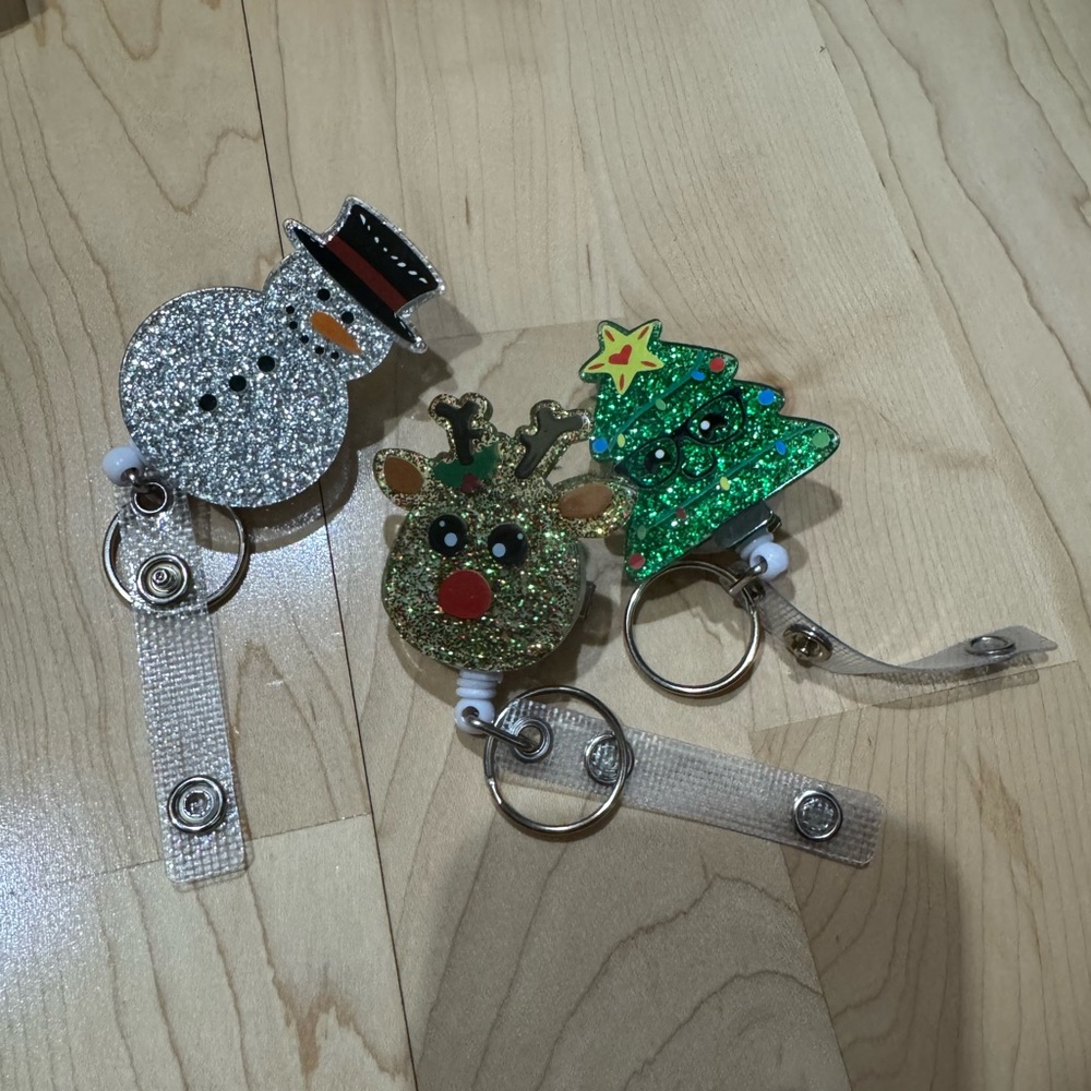 Festive Glitter Badge Reels - Snowman, Reindeer, Christmas Tree